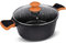 La Moustache - Cacerola Alta 28 cm, Aluminio Fundido con Antiadherente y Antirayaduras para Todas las Cocinas, Incluida Inducción, Sin PFOA, Tapa de Cristal, Asas de Silicona (Negro/Naranja)