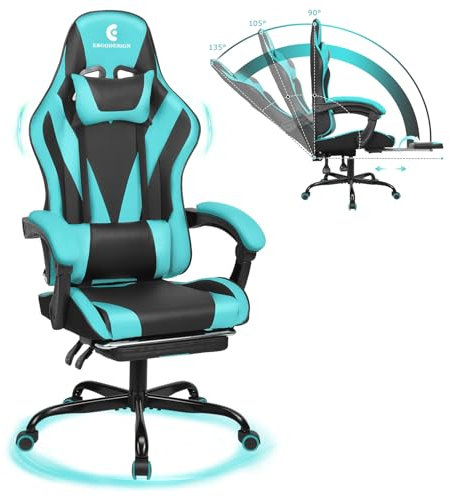 ErgoDesign Sedia da gioco con braccioli e poggiapiedi, schienale alto, colore: nero/azzurro