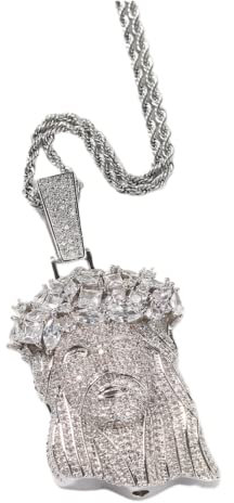 ICEDIAMOND Iced Out Thorns Crown Jesus Chain Necklace, Prong Setting Shine CZ Simulated Diamonds, Gold Plated Solid Brass Back Pendant, Fashion Hip Hop Jewerly for Men (White)