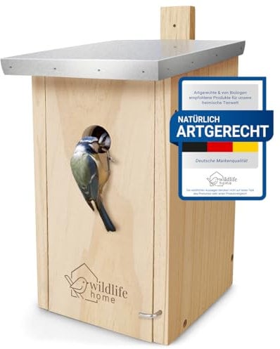 WILDLIFE HOME Nichoir mésanges avec toit en métal pour mésanges bleues, etc. I selon NABU en bois massif vissé I résistant aux intempéries et non traité I Nichoir à oiseaux à suspendre