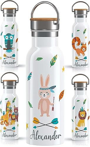 OWLBOOK Boho Hase Trinkflasche personalisiert aus Edelstahl für Kinder mit Zoo Dschungel Waldtiere - 600 ml Kindertrinkflasche mit Bambusdeckel - Auslaufsicher BPA-frei - für warme und kalte