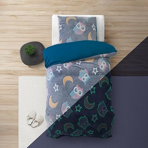 Sleeptime Kinderbettwäsche Winter - Glow in The Dark Nachteule - 135cm x 200cm - Plüsch Weich - Kinder Bettbezüge mit Reißverschluss - Kinder Bettwäsche Set mit 1 Kissenbezüge 80cm x 80cm