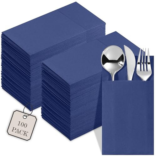 100-Pack Disposable Napkins With Pocket For Flatware, Blue Napkins Paper For Wedding, Dinner Or Party, Built-In Pocket For Silverware, Prefolded