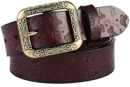 NALANY Damen Prägung Ledergürtel Aus Schmetterling Muster, Taillengürtel Jeansgürtel Mit Geprägter Gürtel Und Schnalle 33mm Breit Kürzbar(105cm/41, Brown)