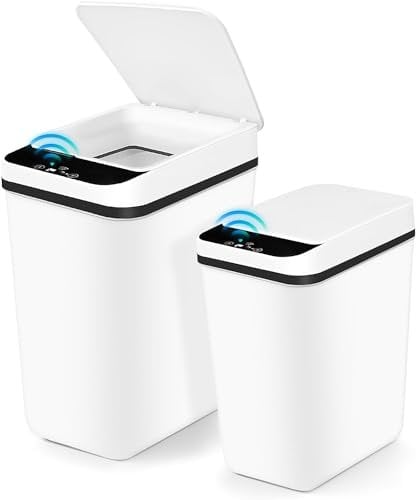 2 Pack Motion Sensor Touchless Garbage Cans, 4.7 & 3Gallon Smart Trash Can with Lid, Slim Plastic Automatic Garbage Bin Compost Bin for Kitchen Bathroom Bedroom Dorm Office Home RV Indoor, White