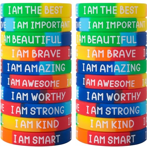QEERBSIN 20 Pcs Inspirational Wristbands for Students – Self-Affirmation Phrase Bracelet – Motivational Quotes Rubber Bracelets – Back to School Gift for Students Kids
