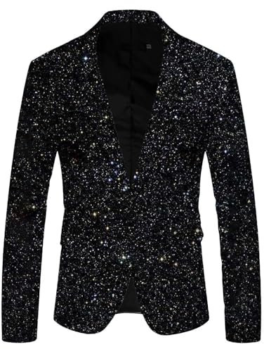 Glitzer Sakko Herren Pailletten Sakko Anzugjacke Gold Festlich Glitzer Outfit Glitzer Anzug Slim Fit Karneval Kostüm Pailletten Anzug Smoking Anzüge Schwarz L
