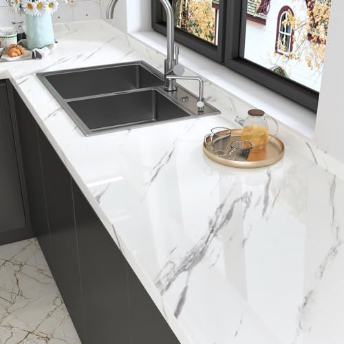 HotDecor Gloss Marble Effect Wallpaper Worktop Vinyl Covering for Kitchen Cupboards - White Self Adhesive Kitchen Wallpaper Sticky Back Plastic Roll 40cm X 200cm