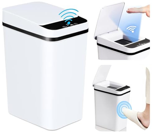 Sensor Mülleimer, Automatischer Mülleimer, Berührungsloser Mülleimer Bad, Mülleimer Küche mit Deckel, Mülleimer mit Sensor, Mülleimer Büro, No Noise Wasserdicht Mülleimer Sensor Weiß (12L)