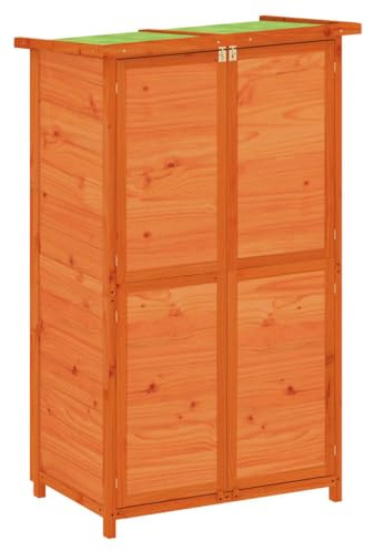 Holz Gerätehaus mit 4 Ablageflächen und 1 offenem Fach, Geräteschrank Geräteschuppen Gartenschrank Doppeltür Design, Braun 83x57x140 cm Massivholz Kiefer