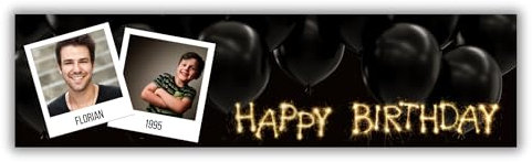 Geburtstagsbanner mit Wunschtext und Wunschbild - 150x40 cm Personalisierbares Banner - Robust für Innen & Außen, Inklusive Saum und Ösen, Folienbeschriftung - Made in Germany (Schwarz Modern)