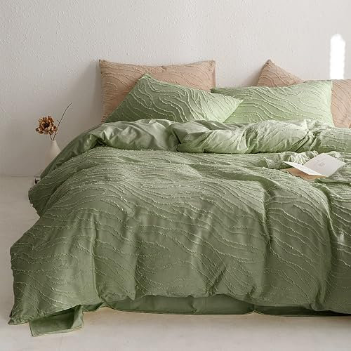 Nyescasa Boho Bettwäsche 200x220 3 Teilig Grün Getuftet Gestreift Streifen Bettwäsche-Set Stickerei Wendebettwäsche Mikrofaser Bettbezug mit Reißverschluss und 2 Kissenbezug 80x80cm Mädchen Frauen