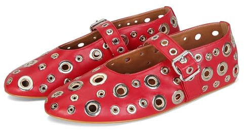 MICIFA Ballet Flats for Women with Buckle Strap Mesh Perforated Metal Studded Mary Jane Comfortable Ballerina Flat Shoes Metallic, Red, 6 UK