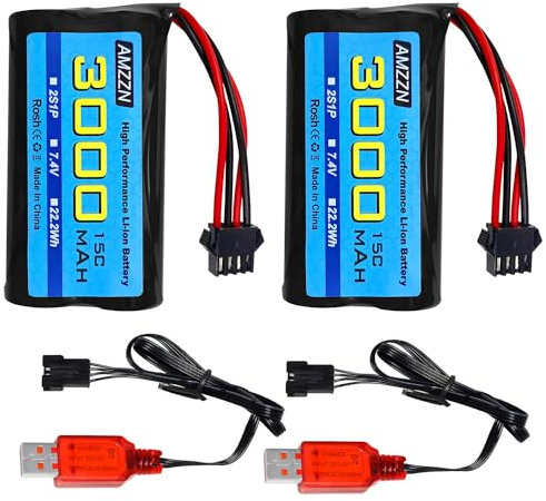 AMZZN 2PCS 7.4V 3000mAh 15C 2S SM-4P Plug Li-ion Battery with USB Charger for EC08 DE85 RC Car, Truck RC Ship RC Drone Engineering Vehicle Backup Battery
