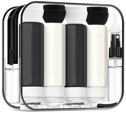 Redfly 17PCS Travel Bottles for Toiletries, TSA Approved Leak Proof Refillable Travel Size Containers, Silicone Travel Kit for Shampoo, Conditioner, Lotion & Creams Black&White