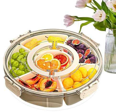 Bandeja para servir – Bandeja dividida para aperitivos que ahorra espacio | Bandeja compacta para servir frutas con tapa, organizador de aperitivos transparente con 6 compartimentos para nueces