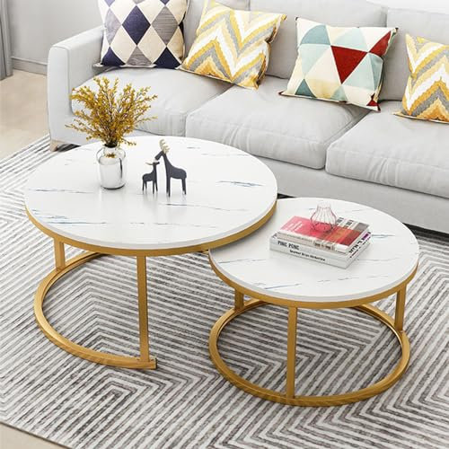 DMMFTERL Satztische, 2er-Set, moderner runder Beistelltisch mit Marmorstruktur für das Wohnzimmer, Cocktailtisch mit Holzplatte und Metallrahmen für das Home-Office (70 cm, A)