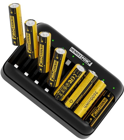 HENREEPOW Batterie ricaricabili al litio AA, confezione da 8 con scatola di ricarica, uscita costante da 3600 mWh 1,5 V, batterie ricaricabili agli ioni di litio a lunga durata con tempi di ciclo fino