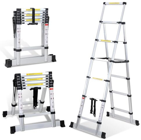 Cecaylie Scala telescopica pieghevole, 1,7 m + 2,0 m, scala in alluminio allungabile, telaio A 5 + 6 pioli, scala in alluminio antiscivolo, portata massima 150 kg