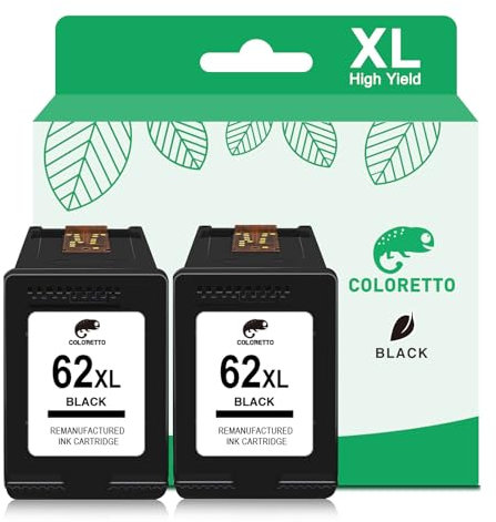 COLORETTO Wiederaufbereitet Tintenpatrone (2 Schwarz) als Ersatz für HP 62 XL 62XL für Envy 5541 5542 5543 5544 5547 5548 Officejet 200 200c 250