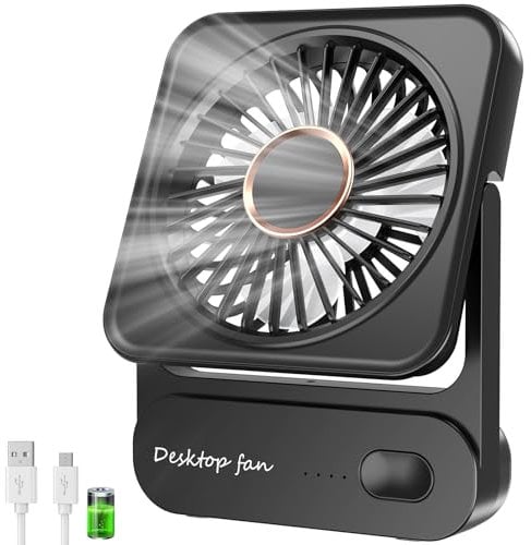 Ajgvq Ventilador de Mesa USB, Ventilador Portátil Regulable en 3 Velocidades, Ventiladors Pequeño Silencioso Recargable para Oficina Hogar Viajes Aire Libre - Negro