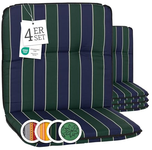Beo Bali Gartenstuhl-Auflagen Niedriglehner 96x47 cm, 4er Set blau dunkelgrün gestreift | Waschbare, UV-beständige Sitz-Kissen | Atmungsaktive Polster-Auflagen nach Öko-Tex Standard | Made in EU