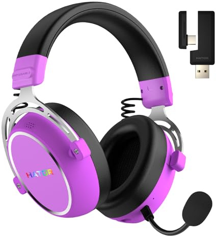 HATOR Hypergang 3 Wireless Gaming-Headset – Hi-Res Audio, Hybrid ANC, 45h Akku, Spatial Audio, Bluetooth & 2.4GHz, abnehmbares Mikrofon, RGB, Head Tracking, SyncHUB App – Violett