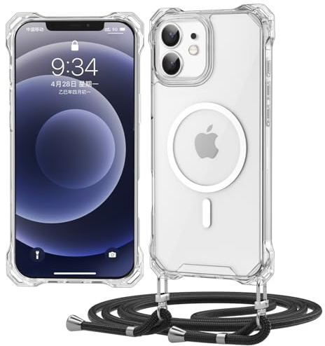 Ciciber Ttusy Handykette Hülle für iPhone 12/12 Pro mit Band, Transparente Blumen Magnetisch Handyhülle [Kompatibel mit Magsafe] mit Kordel zum Umhängen Necklace Hülle für iPhone 12/12 Pro - Schwarz