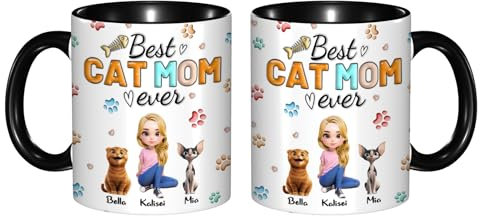 KKIIOEXX Best Cat Mom Ever Mug,Personalized Cup Custom Coffee Mug with Woman and Cat Cartoon Design,Birthday Mothers Day Gift for Cats Mom,Cats Owner