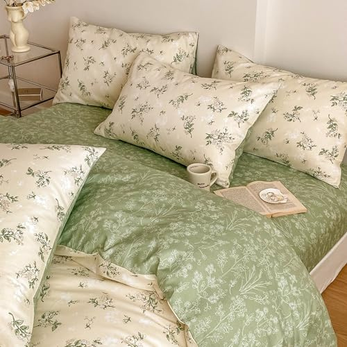 Wotcsil Bettwäsche 220x240 Baumwolle Grün Beige Bettbezug 220 x 240 Baumwolle Bettwäsche Set Blumen mit 2 Kissenbezüge 80x80 cm und Reißverschluss
