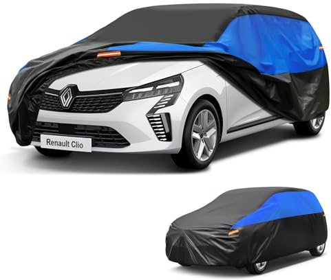 GUNHYI Autoabdeckung Wasserdicht Atmungsaktiv, Abdeckplane für Renault Clio (2001-2025), Auto Abdeckung Schwarz Blau Vollgarage Autoplane für Regen Sonne Staub Schutz.