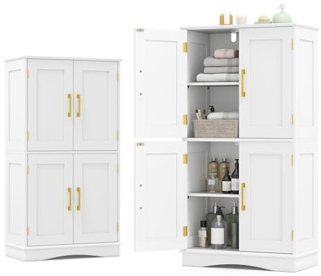 KOMFOTTEU Meuble de Salle de Bain avec 4 Portes & 2 Étagères Réglables, Armoire de Rangement sur Pied, 60 x 30 x 110 cm, Armoire Verticale Debout avec Dispositif Anti-Basculement (Blanc)