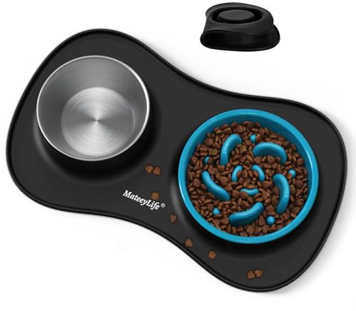 MateeyLife Ciotola Anti Ingozzamento e Ciotola per Cani 3 in 1, Set per Cani e Gatti in Acciaio Inossidabile con Tappetino in Silicone, Ciotola Lenta per Razze Piccole, Medie e Grandi 43.7 × 25.9 cm