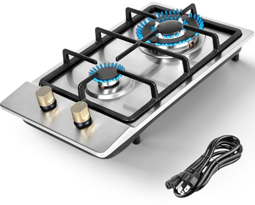 Llamaviva Gas Stove 12 Inch, Propane Cooktop 2 Burner, Portable Gas Cooktop Stainless Steel, Dual Fuel LPG/NG Convertible with Thermocouple Safety Protection for Kitchen, RV, Camping, Outdoor