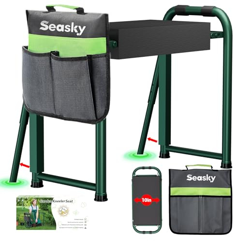 seasky Faltbare Gartenbank mit Knie- und Sitzfläche, Kippschutz-Gartenbank, verbreitert, dick, weich, strapazierfähig, Gartenhocker mit Werkzeugtasche, Geschenk für Frauen