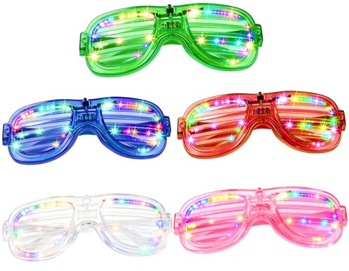 GEU 5 Stück LED Brille für Party, Leuchtbrillen Kabellos Neon Rave Brille Kostüme für Kindergeburtstag Karneval Halloween Weihnachten Silvester LED Partybrille für Kinder Erwachsene