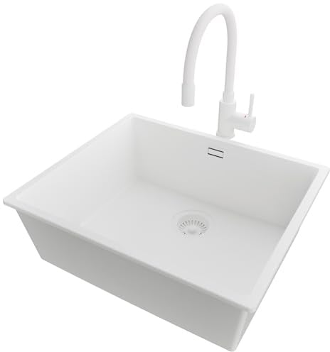 PRIMAGRAN Unterbauspüle Granit Alles Weiß 56x47cm, Spülbecken 1 Becken + Küchenarmatur 38x14cm + Ablauf-Set, Granitspüle ab 60er Unterschrank - London