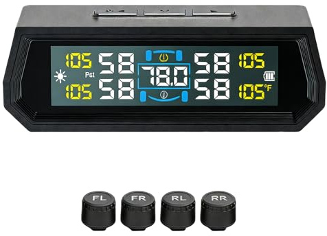 Tire Pressure Monitoring System - Wireless Solar Power and USB Charger Monitor, Colorful LCD Display, TPMS with 4 Sensors & 5 Alarm Modes, Real-time Monitoring Pressure and Temperature for RV/Camper/T