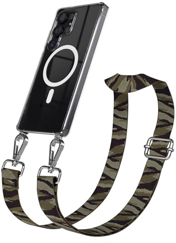EAZY CASE Handykette - Verstellbares Taschenband kompatibel mit Galaxy S25 Ultra, Schulterriemen, Handykordel mit Silikon Hülle, Qi Charging kompatibel, Umhängetasche, Grün Camouflage Silber