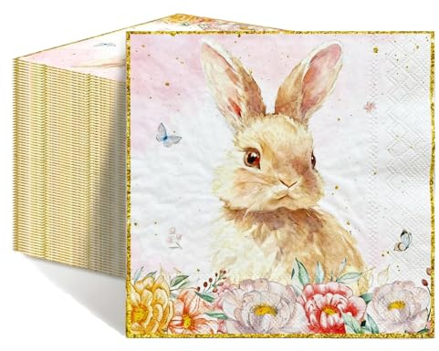 40 Stück Osterservietten, Servietten Ostern 33x33cm Servietten Frühling mit Hase, Rosa Blumen Motiv, Einweg Osterservietten, für Ostern Deko, Tischdeko Ostern, Partyzubehör, Oster Tischdeko