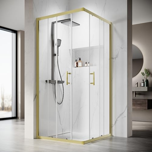 SONNI Cabine de douche d'entrée d'angle avec porte coulissante, 70 x 70 cm, verre de sécurité ESG 5 mm, paroi de douche avec revêtement nano, sans receveur de douche, dorée