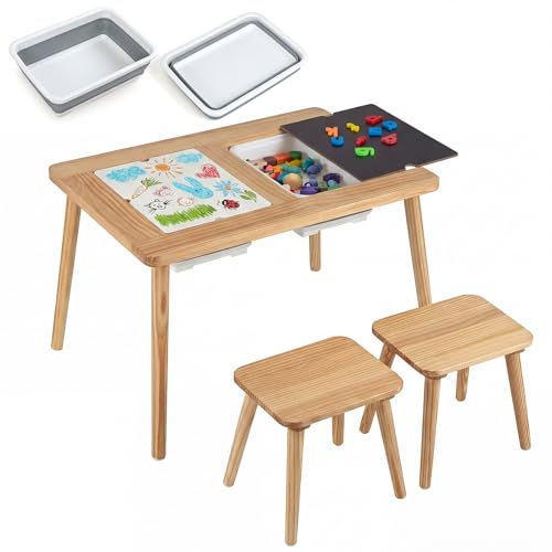 LIFEZEAL Tavolo da attività con 2 sedie per bambini, gruppo di seggiolini per bambini, tavolo sensoriale, in legno, per ragazzi e ragazze, sabbia e acqua, set di mobili per bambini (naturale)