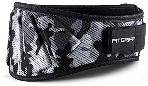 FITGRIFF® Gewichthebergürtel V1 - Fitness-Gürtel für Bodybuilding, Krafttraining, Gewichtheben - Trainingsgürtel für Damen und Herren (Camo-Grau, 74cm - 81cm Bauchumfang (Small))