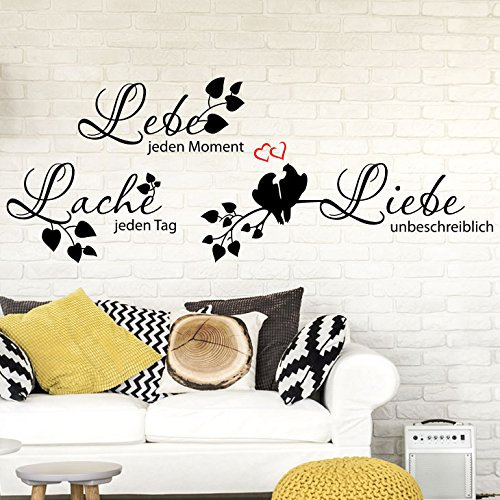 Wandora Wandtattoo Zitat Lebe Lache Liebe Vögel Herz I dunkelgrau (BxH) 152 x 58 cm I Wohnzimmer Schlafzimmer Sticker Aufkleber Wandsticker Wandaufkleber W1478