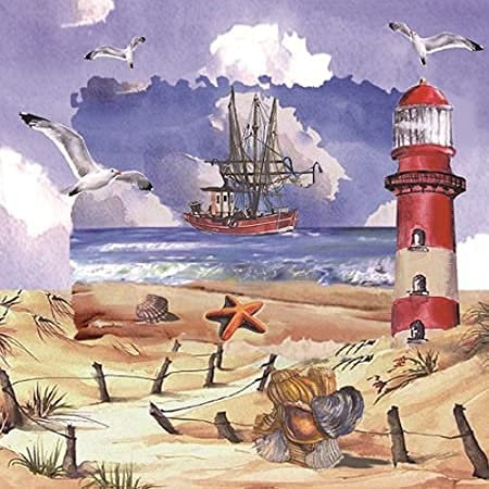 20 Servietten Strandszene/Muscheln/Leuchtturm/Schiff/Meer/See / 33x33cm