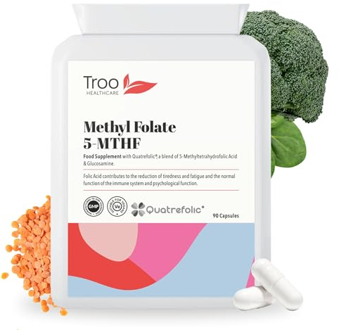 Troo Health Care Folic Acid 600µg 90 Capsules as Quatrefolic Methyl Folate 5-MTHF Supplement - 6S-5-Methyltetrahydrofolate - Superior Bioavailable Activated Folic Acid Supplement - UK Manufactured
