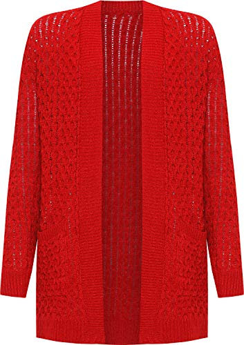 WearAll Women's Plus Cable Knitted Open Pocket Cardigan Chunky Long Sleeve Grandad - Red - 20-22