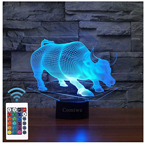 Comiwe Stier 3D Illusion Nachtlicht Spielzeug,Dekoration LED Nachttischlampe 16 Farben Ändern mit Fernbedienung,Weihnachten Deko Lampe Geburtstagsgeschenk Für Mädchen Jungen Kinder und Freunde