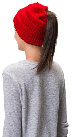 Lemef Damen Wintermütze Mütze Beanie Hat Cap Gestrickte mit Zopfloch Pferdeschwanz, Red, Einheitsgröße