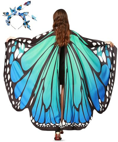 panthem Karnevalskostüm Damen Schmetterling Umhang für Fasching mit Haarreif, Schmetterlingsflügel Schmetterlinge Flügel Schal Karneval Kostüm Erwachsene Poncho für Halloween Cosplay Party